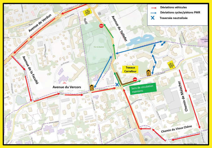 L'avenue de Taillefer est maintenue en sens unique dans le sens montant. A compter du 12 novembre, l'avenue du Granier est fermée dans le sens Montbonnot&lt;Grenoble. une déviation est mise en place par le chemin de Malacher, le chemin du Vieux chêne et l'avenue de Taillefer.